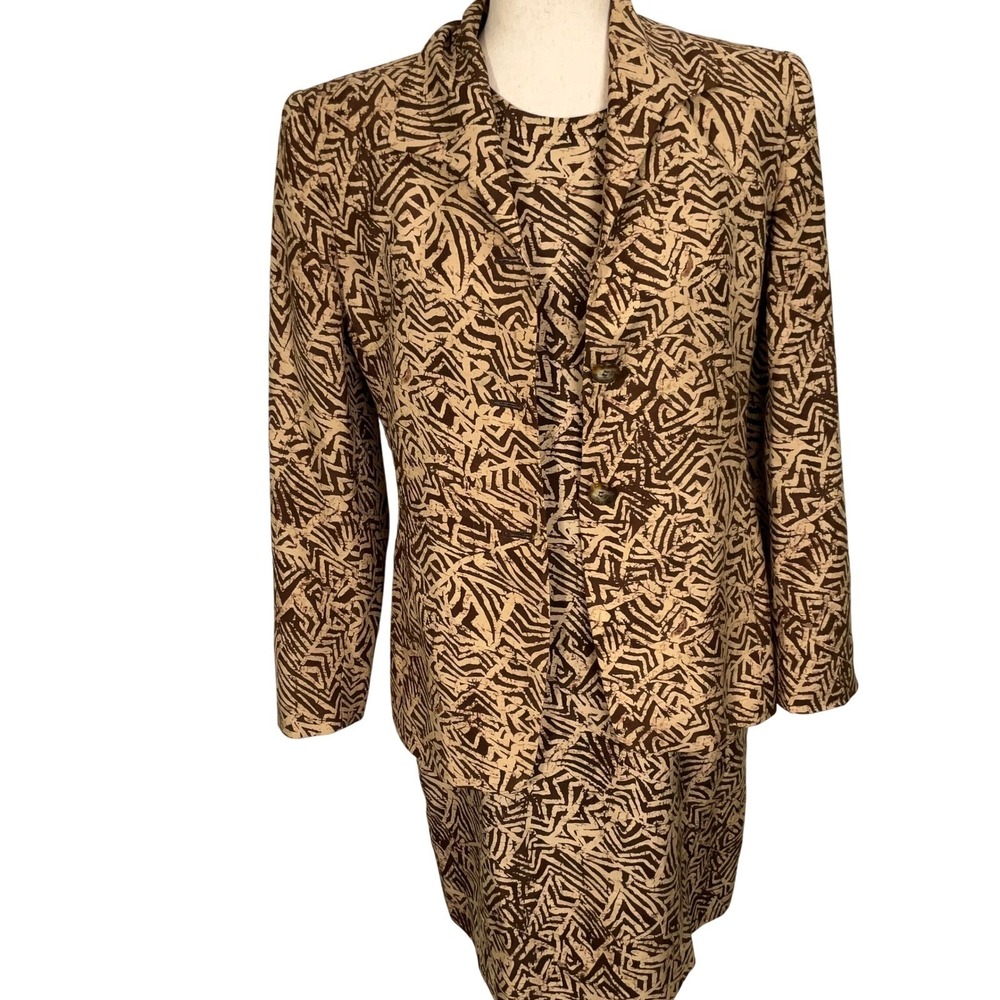 Rena Rowan Dress Suit 10 Blazer 6 Women Brown Beige Abstract Silk Summer Classic